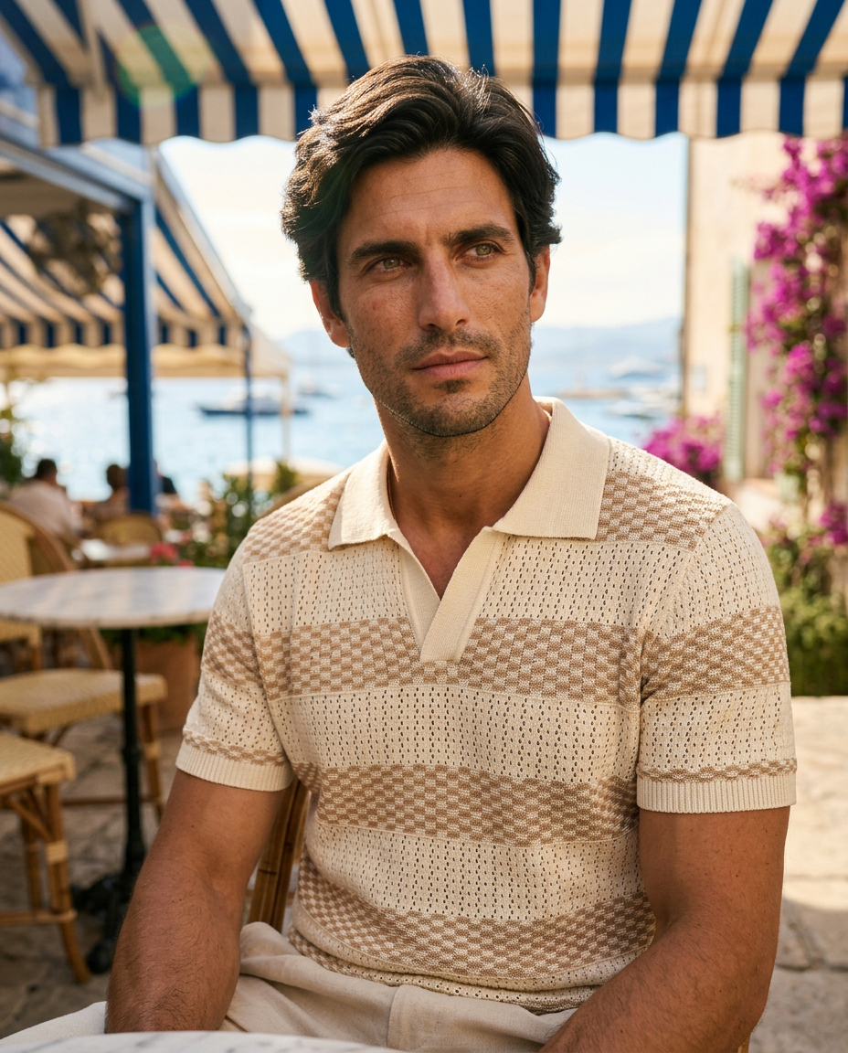 The Cadaques Polo in Sand Stripe - on model