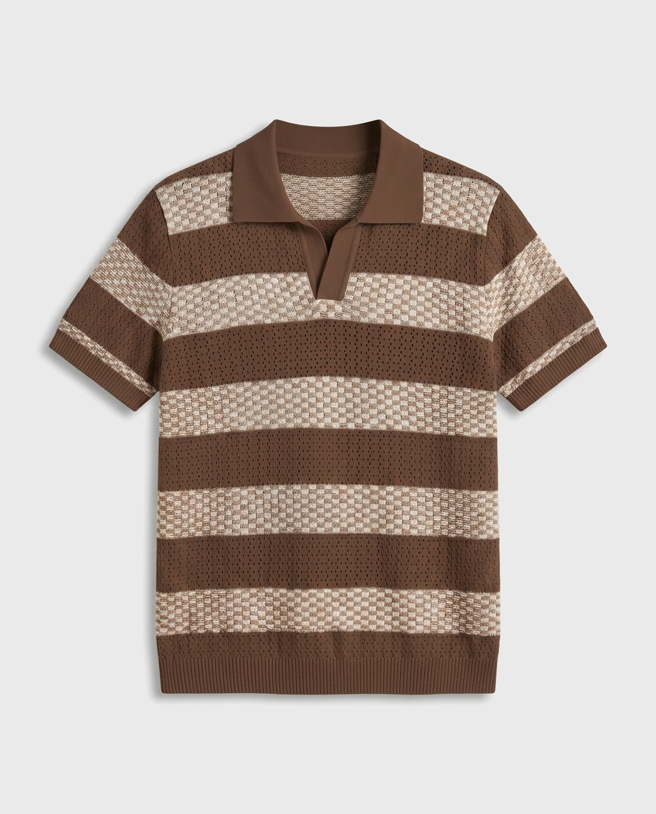 The Cadaques Polo in Espresso Stripe - flatlay