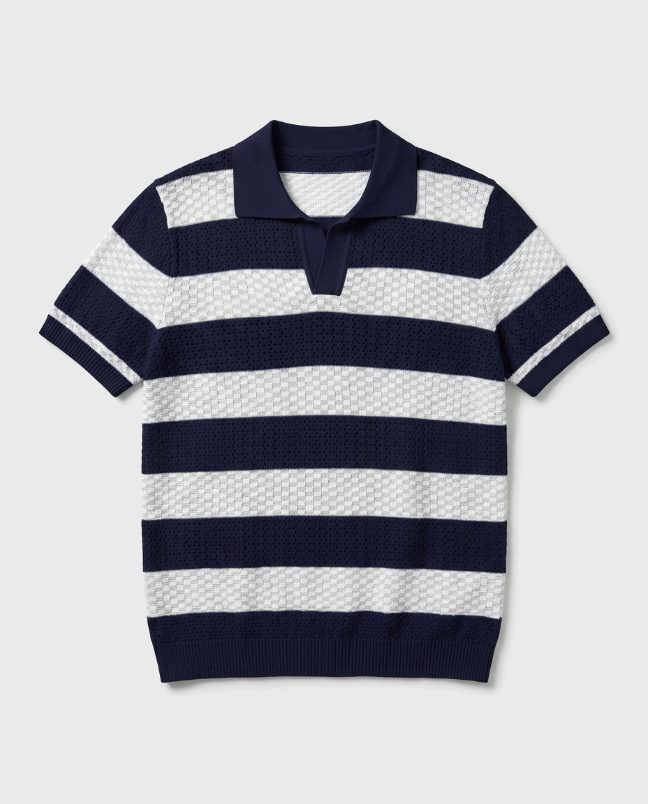 The Cadaques Polo in Navy Stripe - flatlay
