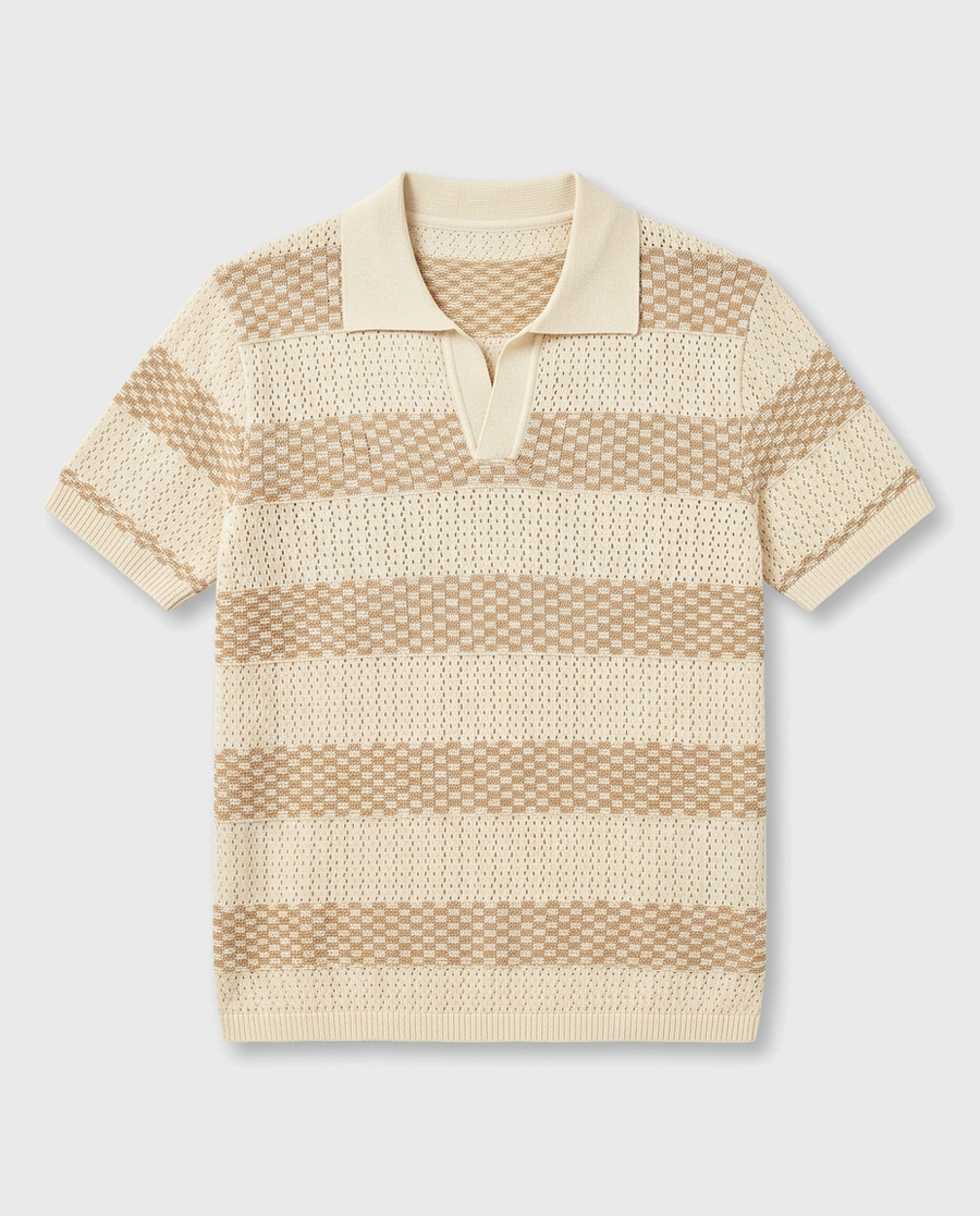 The Cadaques Polo in Sand Stripe - flatlay