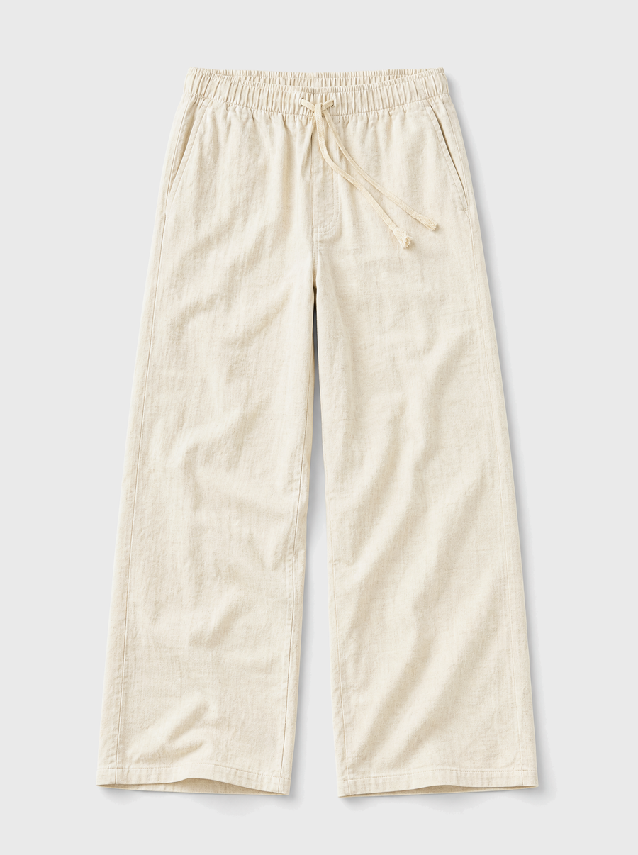The Procida Pant — ivory cotton-hemp wide-leg drawstring beach pant, front view