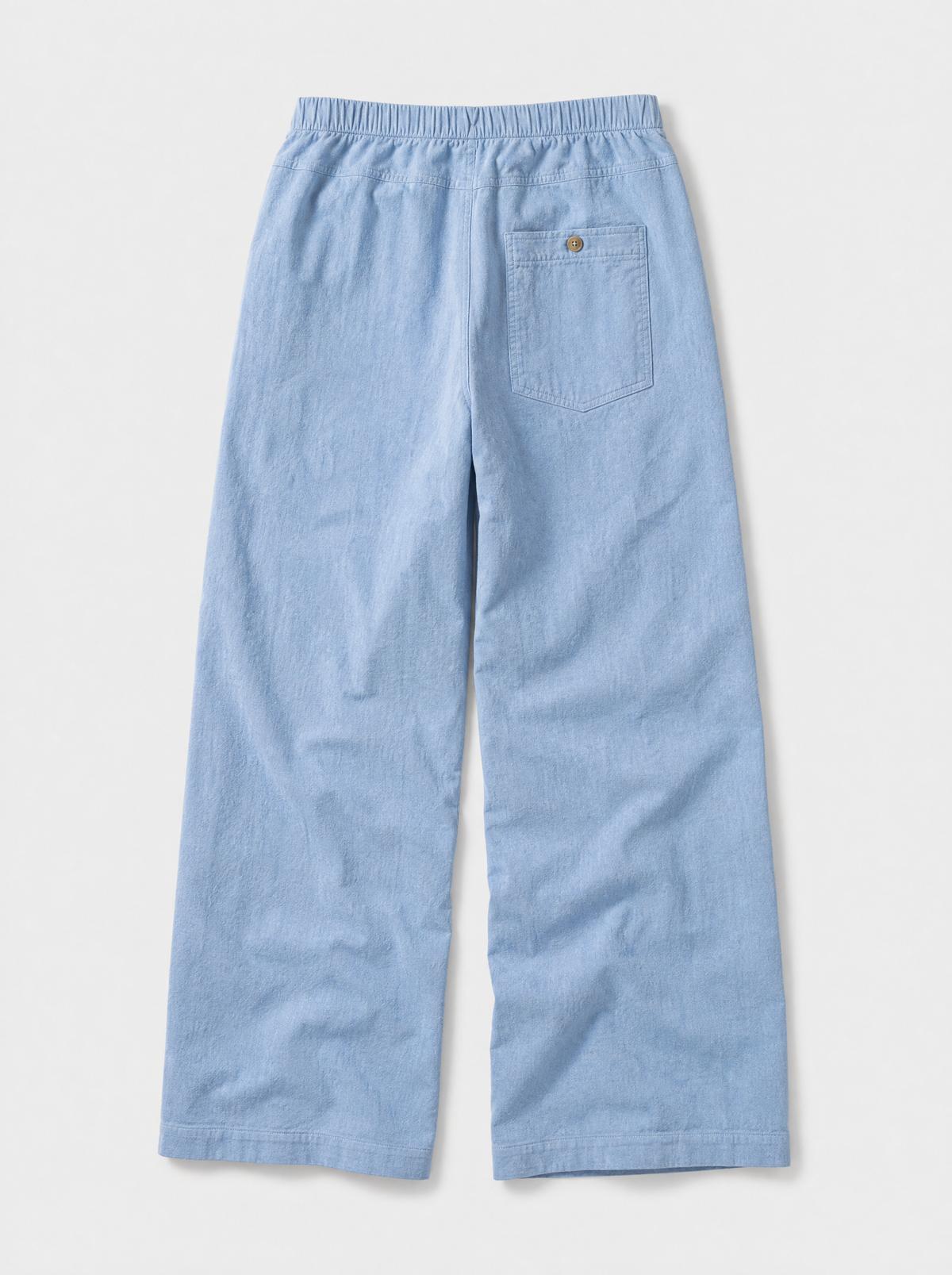 The Procida Pant — sky blue cotton-hemp wide-leg drawstring beach pant, back view