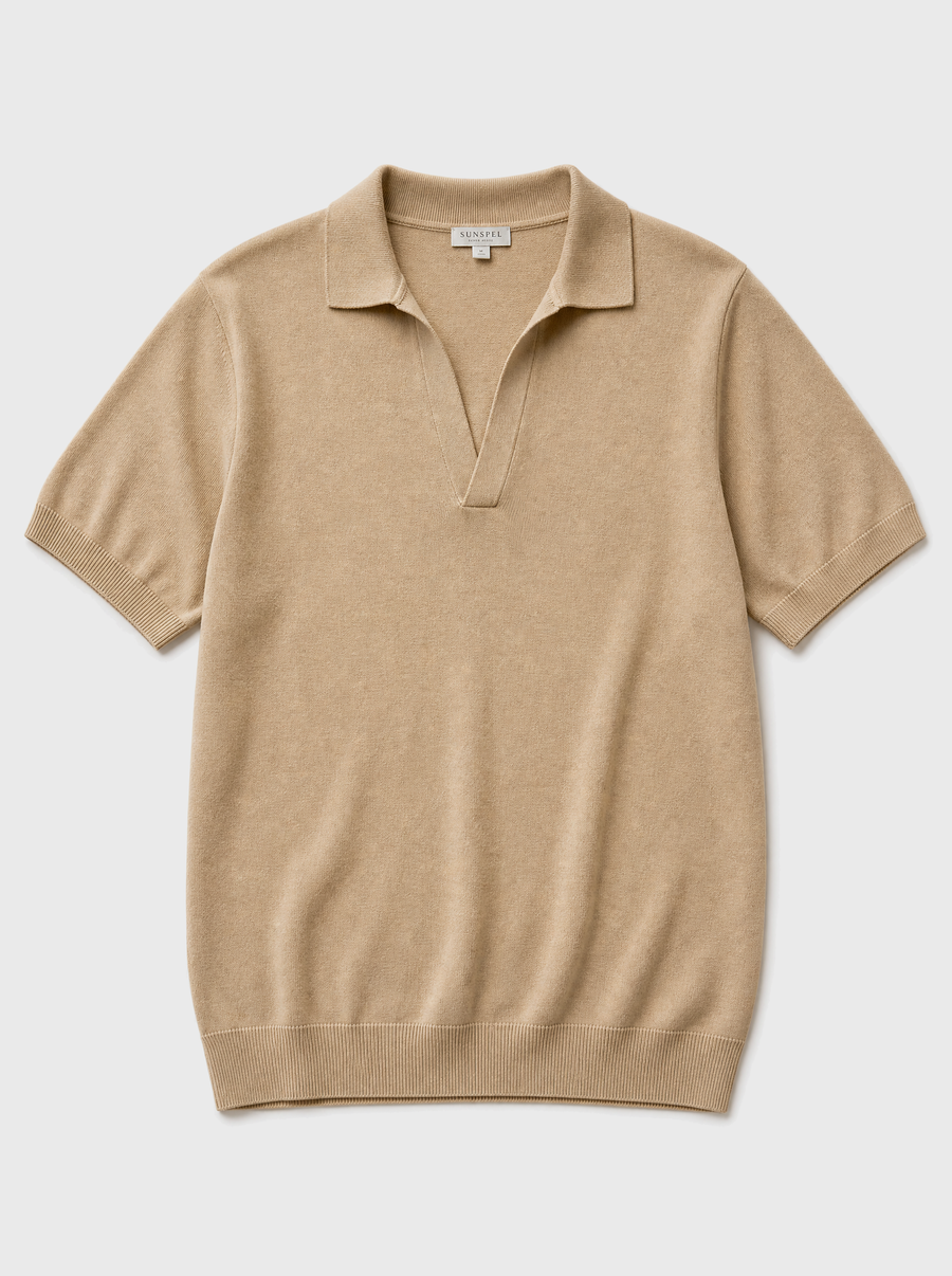 The Portofino Polo — sand fine-gauge knit cotton short-sleeve henley polo, front view