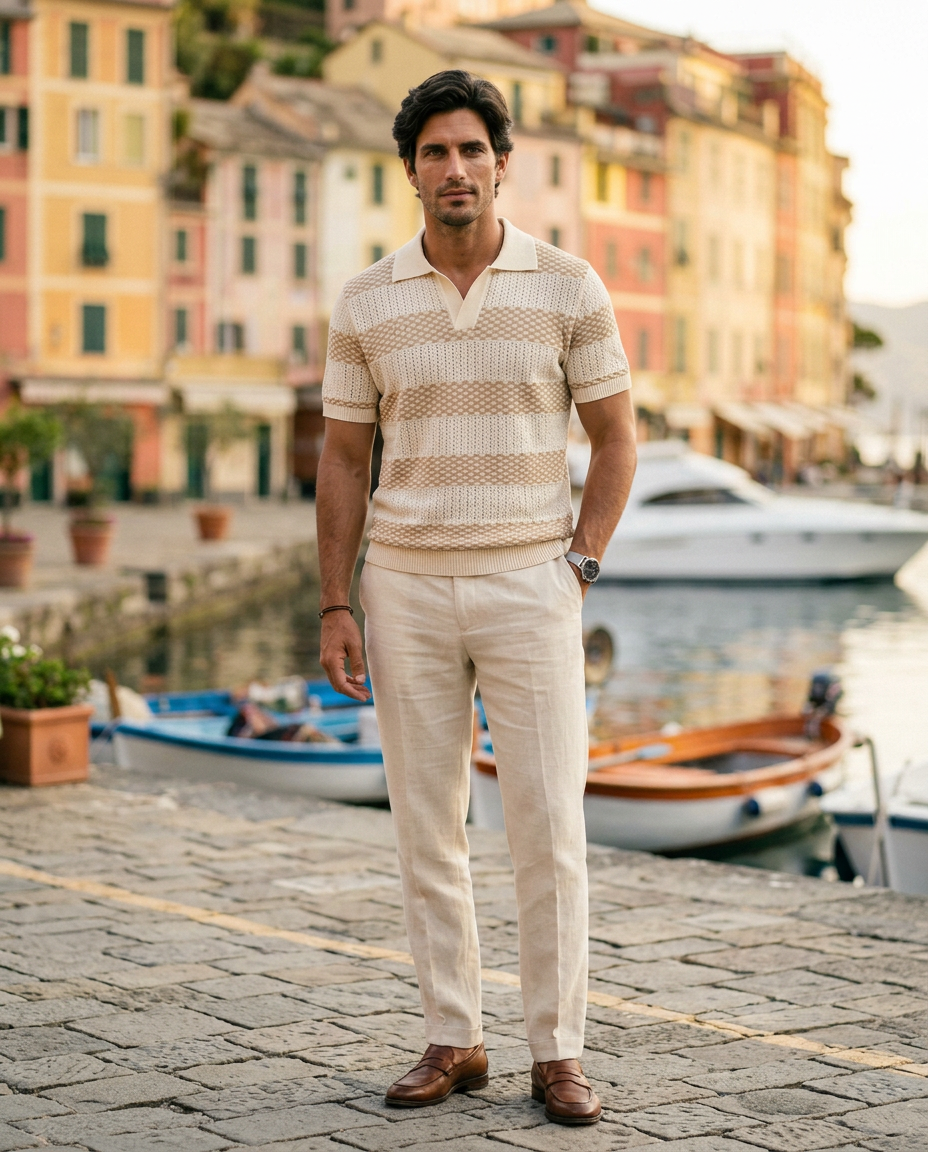 The Cadaques Polo - Sand Stripe on model, standing at Portofino harbor