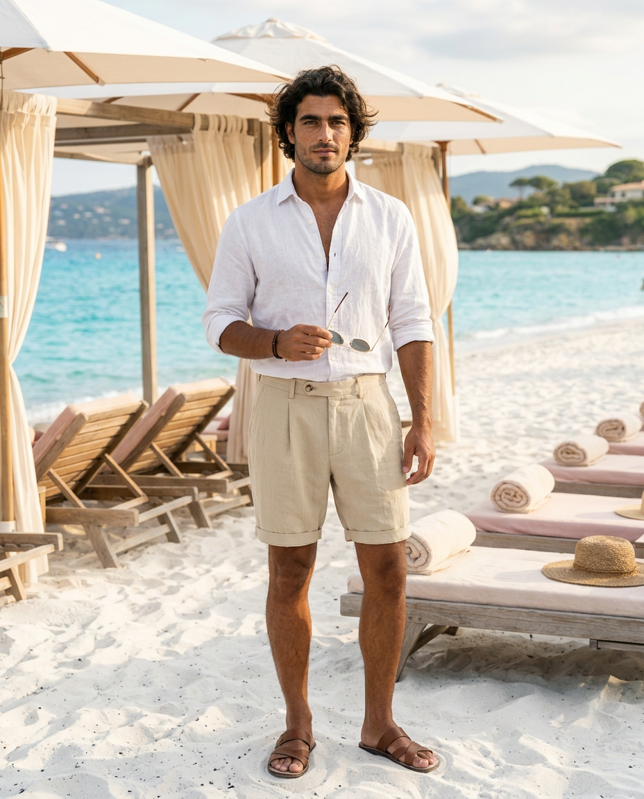 The Hydra Short - Sand on model, standing at beach club