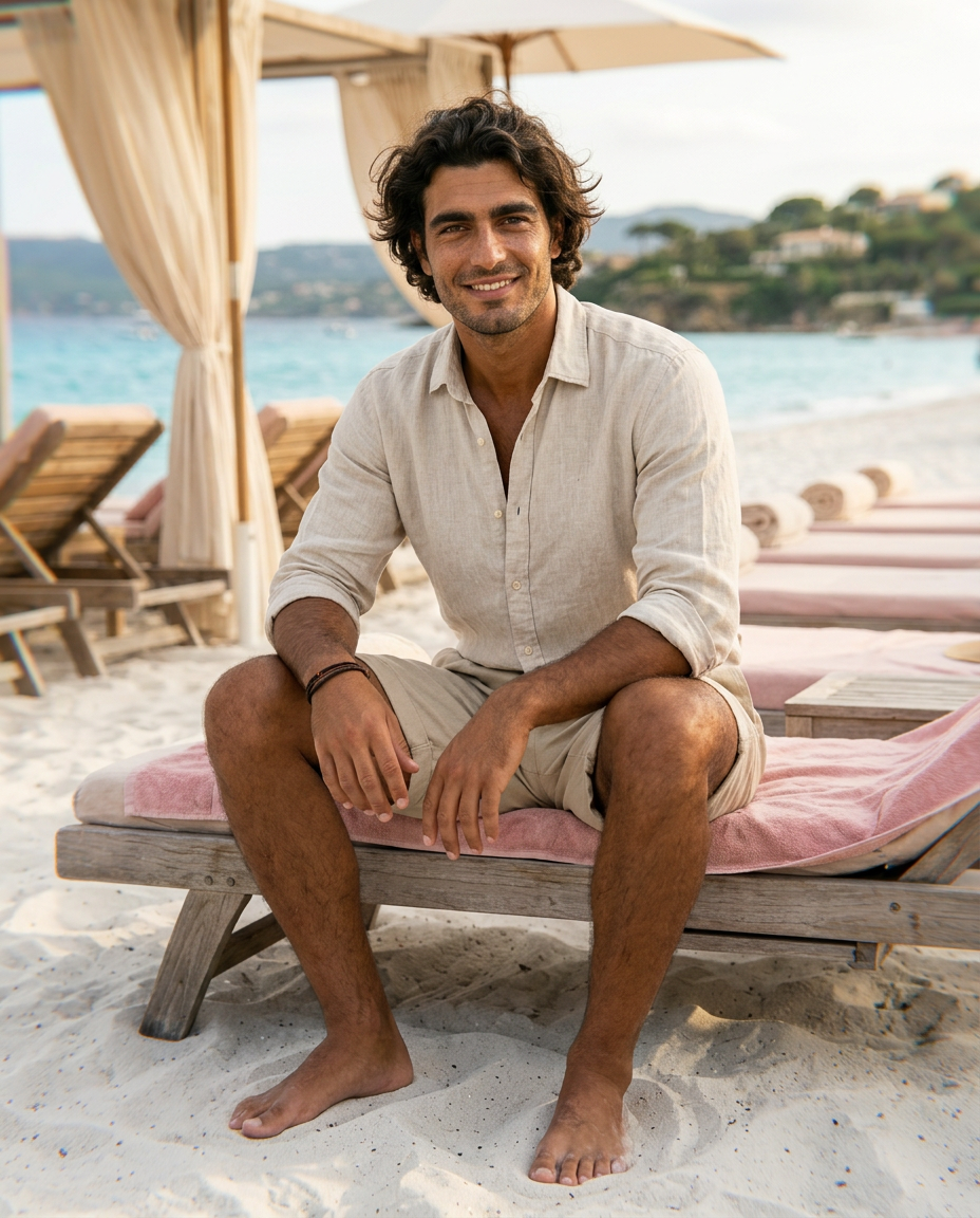 The Hydra Short - Sand on model, seated at beach club