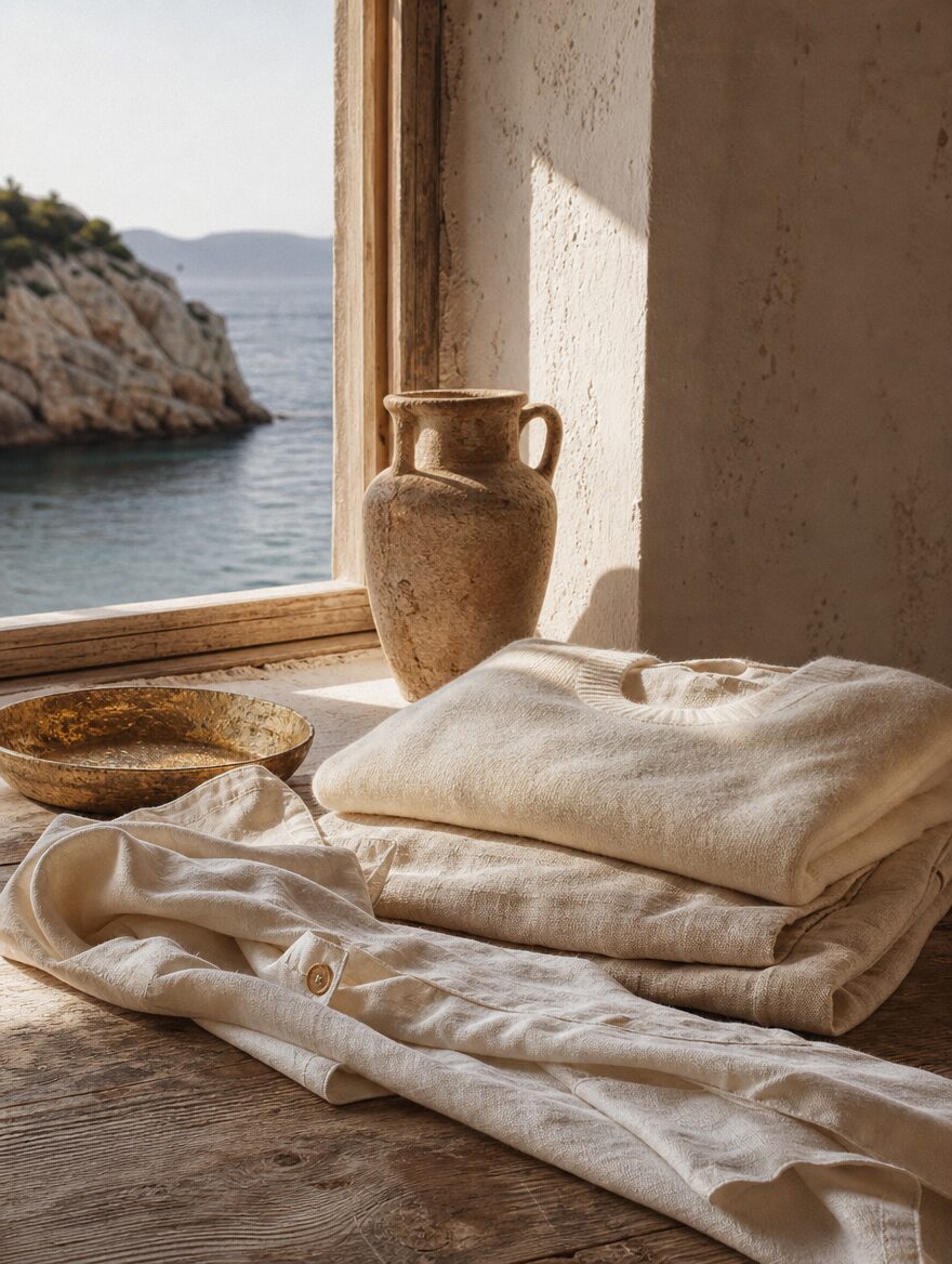 Folded natural linen in the atelier