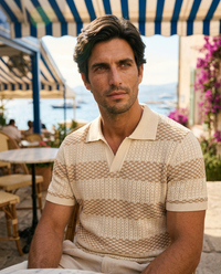 The Cadaques Polo in Sand Stripe - on model
