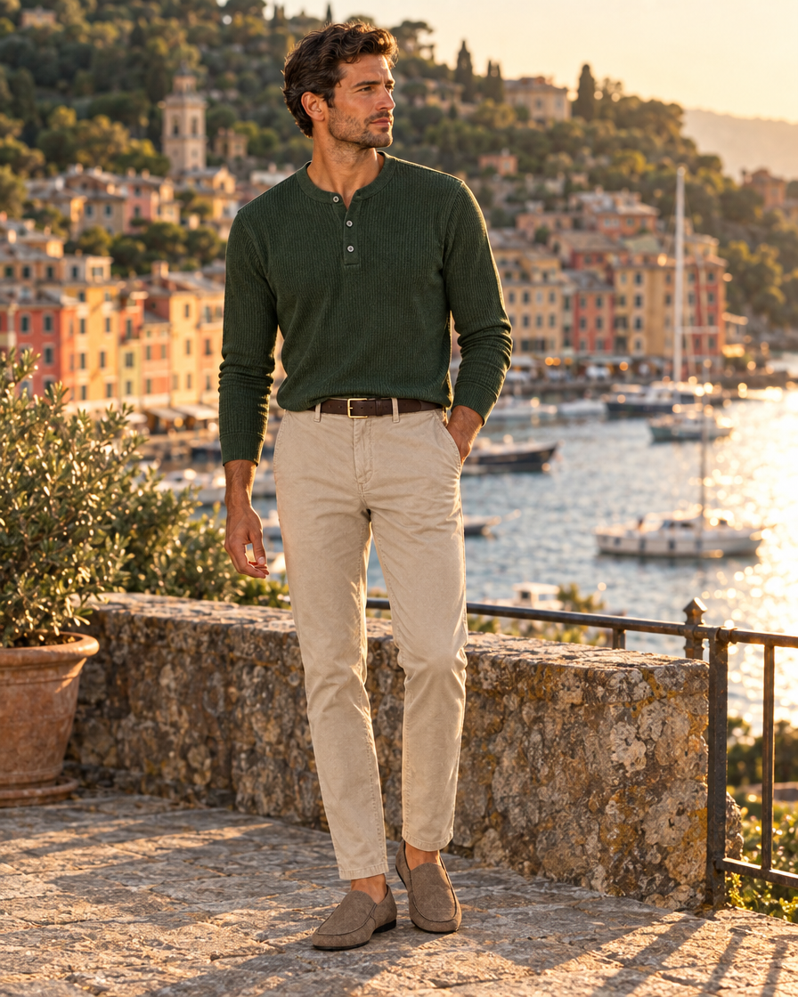 Das Taormina-Henley, die Rapallo-Chino, der Bandol-Gürtel und die Bonassola-Loafer, getragen auf einer Terrasse in Portofino zur goldenen Stunde