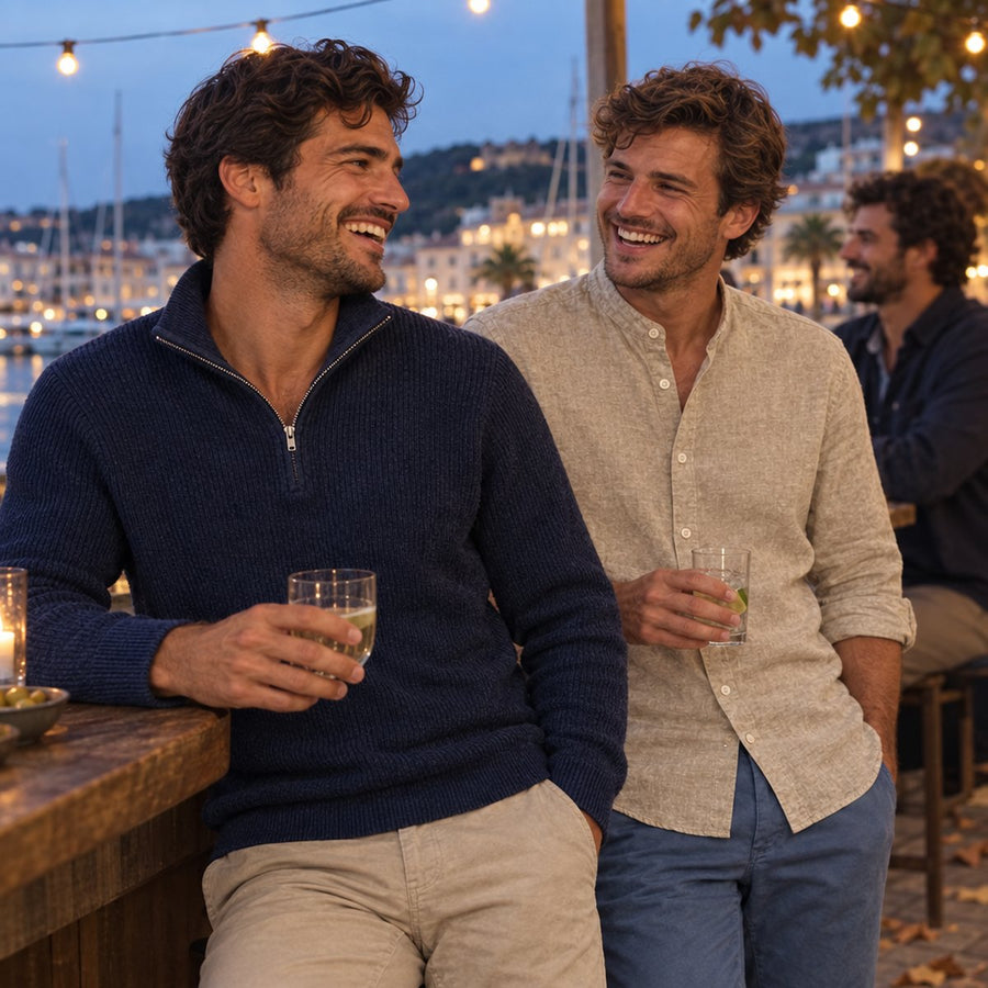 Friends in Saint Véloir at a Riviera harbour bar at blue hour