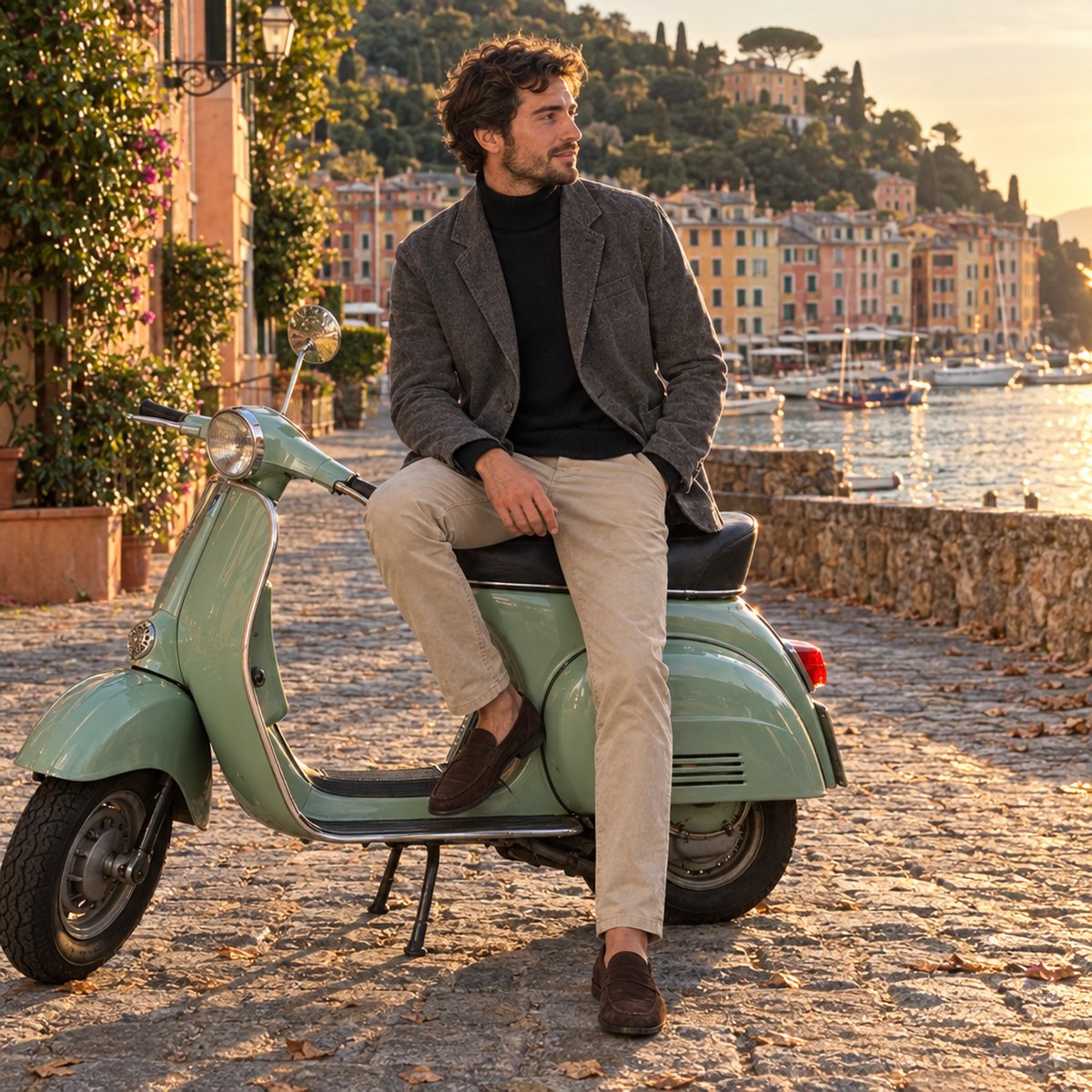 Saint Véloir Kunde im Sanremo-Blazer auf einer Vintage-Vespa in Portofino