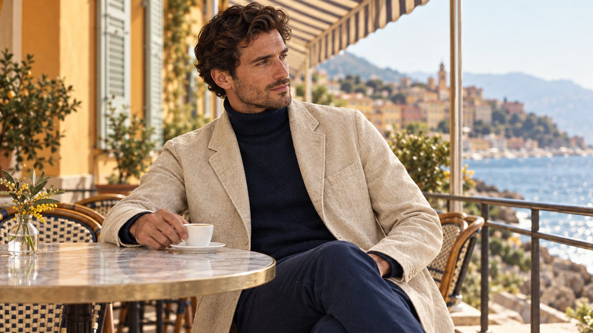 Editorial — Der Sanremo-Blazer über dem Camogli-Rollkragen in einem Café in Menton