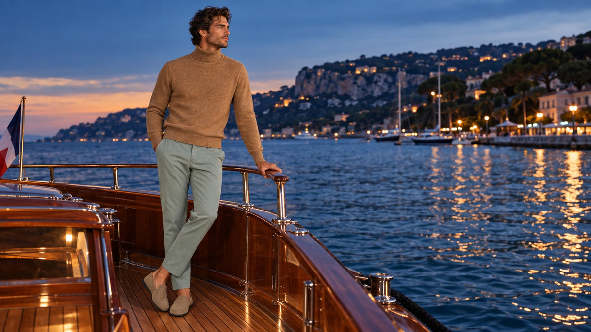 Editorial — Der Camogli-Rollkragen, die Nervi-Hose und die Bonassola-Loafer an Bord in Cap-Ferrat, blaue Stunde