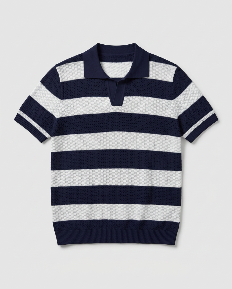 The Cadaques Polo in Navy Stripe - flatlay
