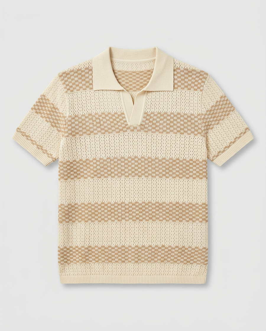 The Cadaques Polo in Sand Stripe - flatlay