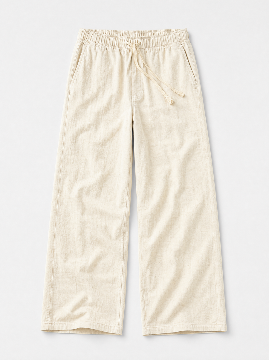 The Procida Pant — ivory cotton-hemp wide-leg drawstring beach pant, front view