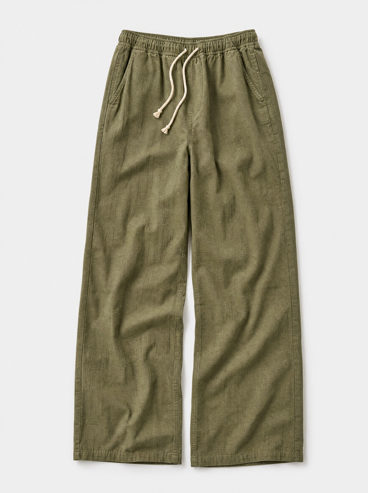 The Procida Pant — olive cotton-hemp wide-leg drawstring beach pant, front view