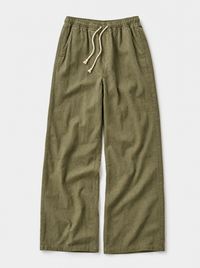 The Procida Pant — olive cotton-hemp wide-leg drawstring beach pant, front view