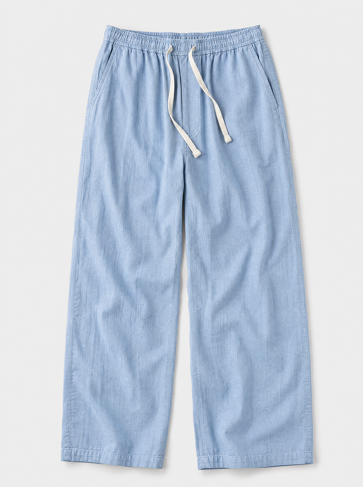 The Procida Pant — sky blue cotton-hemp wide-leg drawstring beach pant, front view