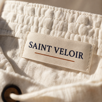 Saint Veloir woven label inside the waistband of The Procida Pant