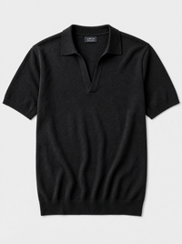 The Portofino Polo — black fine-gauge knit cotton short-sleeve henley polo, front view