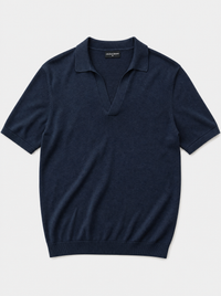 The Portofino Polo — navy fine-gauge knit cotton short-sleeve henley polo, front view