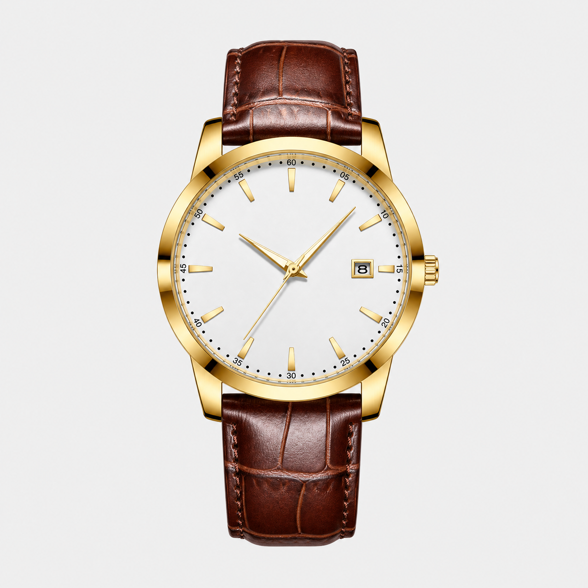 The Saint Veloir Timepiece — champagne gold case, white dial, cognac leather strap, flat-lay