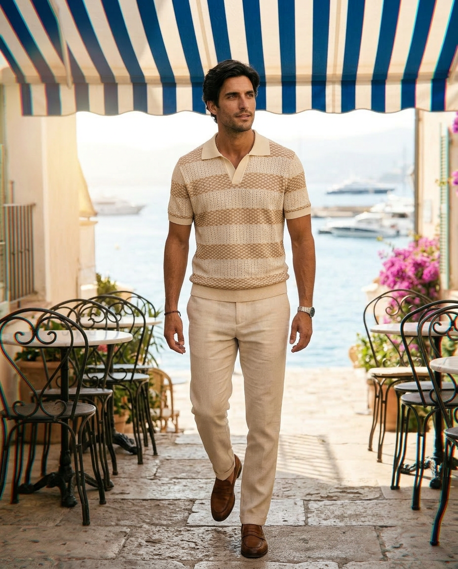 The Cadaques Polo - Sand Stripe on model, walking at Riviera cafe